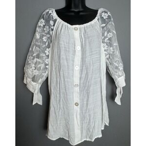 NWT White Peasant Style Women's Blouse Sheer Embroidered Lace Sleeves 14/16